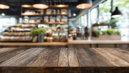 Wooden table top, blurred cafe background (1)