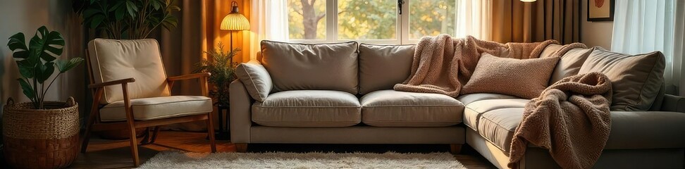 Fototapeta premium Cozy living room scene featuring a plush, oversized blanket draped casually over a sofa and armchair, creating a relaxed and inviting atmosphere perfect for a quiet evening , relaxing, twenty