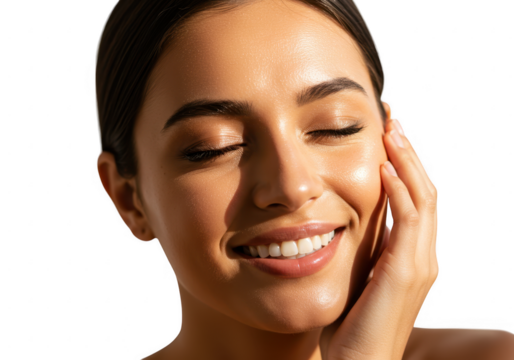 Beautiful woman with glowing skin touching her face isolated on transparent background