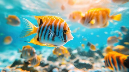 Vibrant reef fish swim in a coral garden