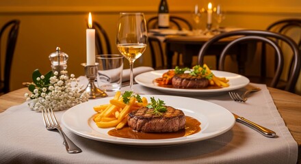 Romantic Dinner Delicious Steak with French Fries and Sauce