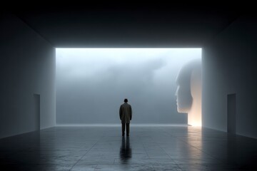 Obraz premium Man in grey coat faces massive illuminated head profile in empty modern hall
