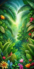 Dense foliage with vibrant green leaves and colorful exotic flowers amidst lush jungle foliage