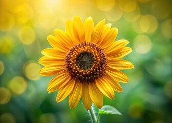 Fototapeta premium Tiny sunflower close-up with delicate petals and golden anthers against a blurred natural green background