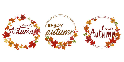 Decorative autumnal Calligraphy collection. Autumn decoration texts. Set of autumn leaves decoration message. Vector illustration.