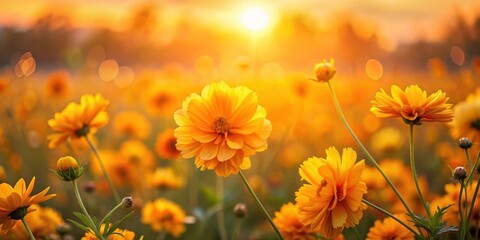 Warm sunset over a field of vibrant yellow and orange flowers