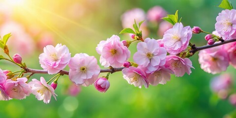 Delicate pink cherry blossoms unfold on a lush vibrant green background