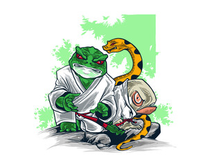Fototapeta premium Cartoon Martial Arts Team Green Frog Fish and Snake in Kimonos.