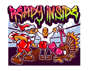 Cartoon Santa Claus versus Turkey Boxing Match with Referee Illustration.