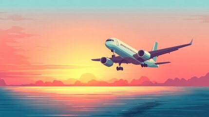 Airplane Landing at Sunset Over Water