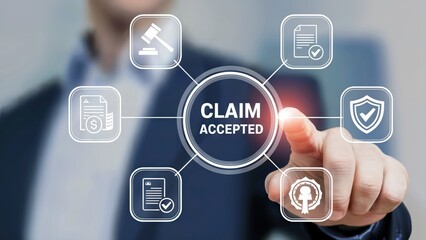 Insurance claim accepted concept shows digital icons and approval