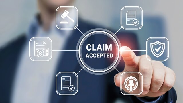 Insurance claim accepted concept shows digital icons and approval