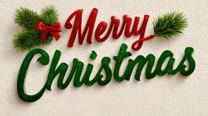 Festive Merry Christmas paper lettering decorated with pine branches and a red bow on white background.