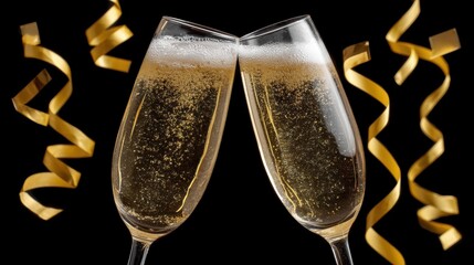Two champagne glasses clink amid golden streamers on a black background, symbolizing celebration and festivity.