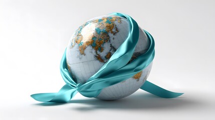 A globe wrapped in a light teal ribbon, symbolizing care for our planet. The image conveys a message of environmental protection and global unity.