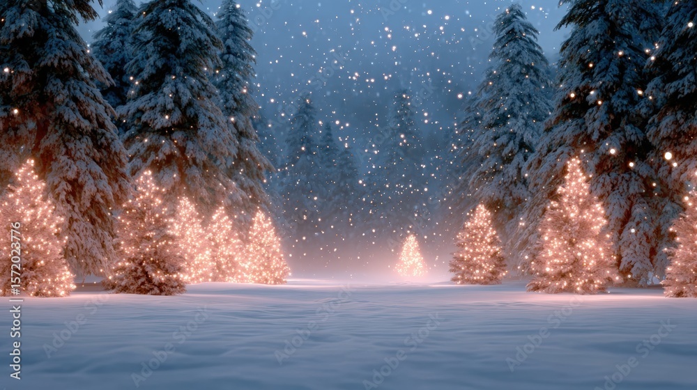 Wall mural snow-covered trees adorned with warm lights create a magical winter wonderland scene as gentle snowf