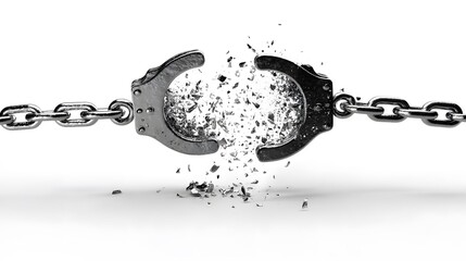 Broken handcuffs symbolizing freedom and liberation. The metal chain has broken apart, indicating breaking free from confinement