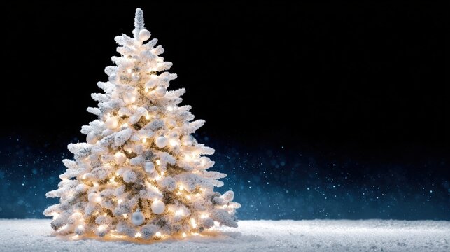 A snowy Christmas tree adorned with glowing lights and ornaments stands against a dark, starry background, creating a festive and serene winter scene.