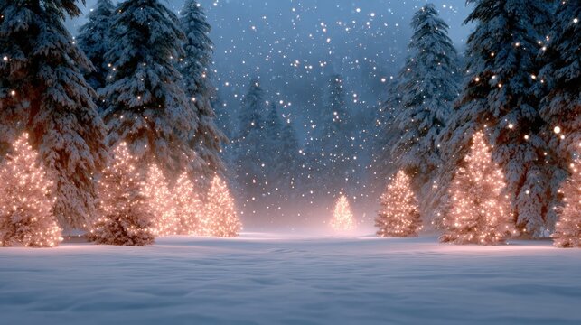 Snow-covered trees adorned with warm lights create a magical winter wonderland scene as gentle snowflakes fall in a serene forest setting.