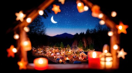 Cozy village scene with twinkling lights and starry night sky framed by glowing candles and star-shaped lights, under a crescent moon.