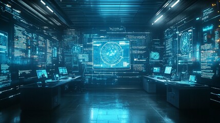Futuristic high-tech room filled with glowing digital displays and data projections