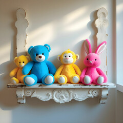 A group of colorful plush animals neatly arranged on a shelf in a nursery.