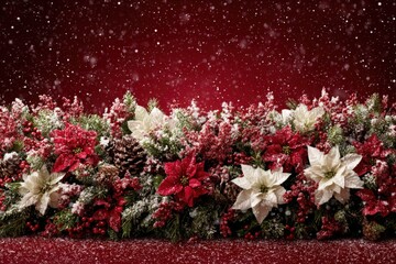 Festive holiday arrangement with red and white poinsettias, pinecones, and berries against a snowy red background, evoking a classic Christmas atmosphere.
