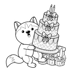 Happy Birthday Coloring Page with cute husky