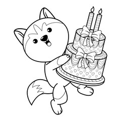 Happy Birthday Coloring Page with cute husky