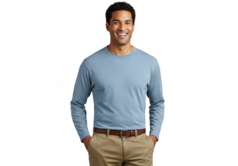 Man wearing a blue long sleeve shirt and khaki pants with hands in pockets isolated on transparent background