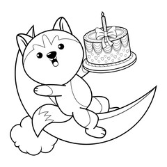 Happy Birthday Coloring Page with cute husky