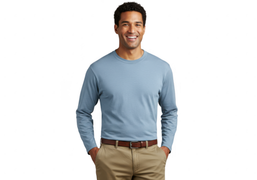 Man wearing a blue long sleeve shirt and khaki pants with hands in pockets isolated on transparent background
