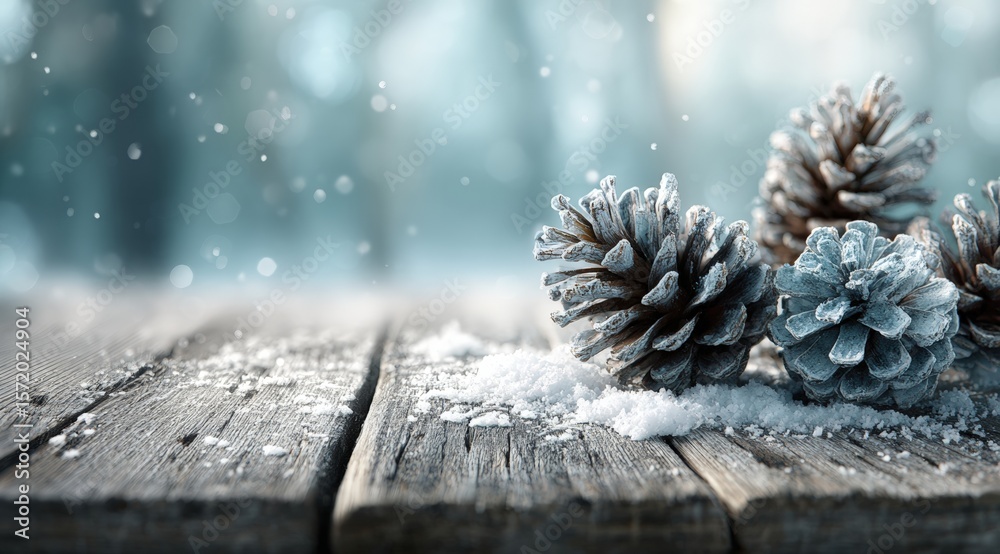 Wall mural frosted pine cones rest on a snowy wooden surface, with a blurred winter background and gentle snowf