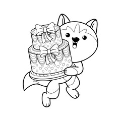 Happy Birthday Coloring Page with cute husky