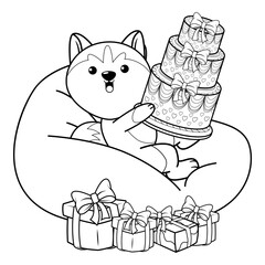 Happy Birthday Coloring Page with cute husky