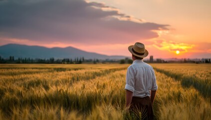 Farmer Contemplating Dusk in Golden Wheat Field
