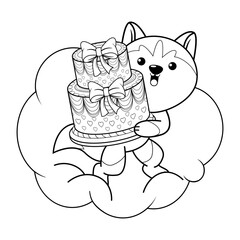 Happy Birthday Coloring Page with cute husky