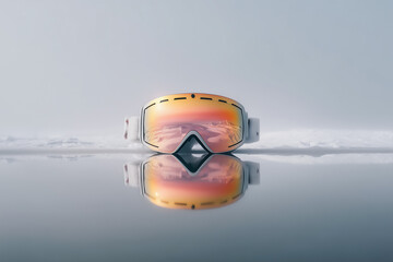 Sleek snow goggles reflect icy landscape