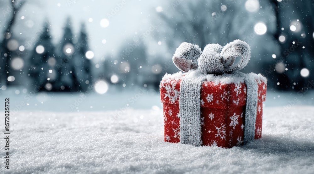 Wall mural a red gift box with white snowflake patterns and a frosty ribbon sits on a snowy ground, surrounded 