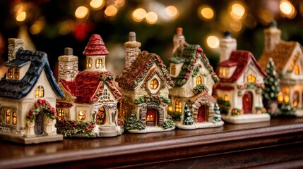 Festive miniature Christmas village houses with warm lights, decorated with wreaths and snow, creating a cozy holiday atmosphere.