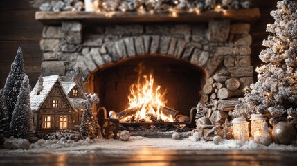 Cozy winter scene with a stone fireplace, glowing fire, and festive decorations including snow-covered trees and a small decorative house.
