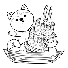 Happy Birthday Coloring Page with cute husky