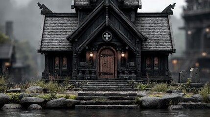 Naklejka premium Dark old wooden building with stone steps leading to a large wooden door illuminated by lanterns