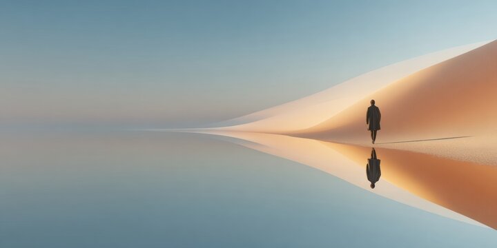 Professional silhouette walking in modern minimalist desert landscape premium calm lifestyle and inspirational content for creative advertising
