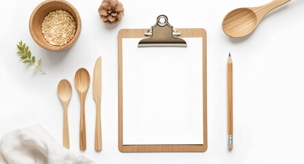 Mockup Workspace with Clipboard and Wooden Stationery on White Surface
