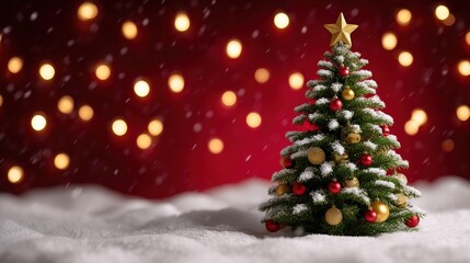 Obraz premium Festive Christmas tree adorned with red and gold ornaments, set against a snowy backdrop with glowing lights and a red background.