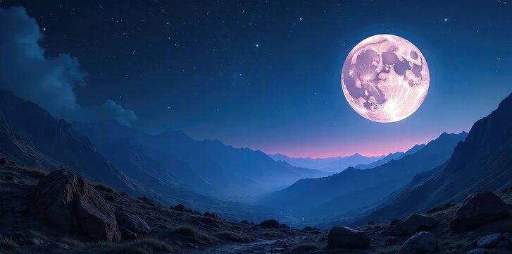 Mystical full moon dominates a star-filled night sky, casting an ethereal glow on a distant, mountainous landscape Perfect for fantasy, sci-fi, and cosmic themes , silver moon, energy, awe