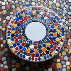 Colorful pebble mosaic round tabletop with central white disc