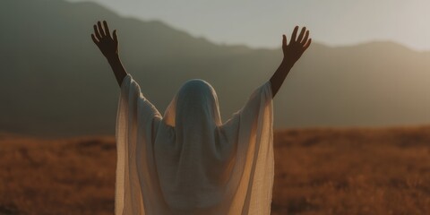 Authentic Arab Man in Traditional Ihram Hajj Garments Praying Outdoors Premium Spiritual Lifestyle Content for Religious Marketing and Social Media Campaigns