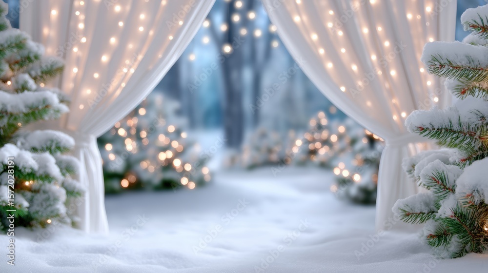 Wall mural snowy winter scene with illuminated curtains and snow-covered trees, creating a festive, serene atmo